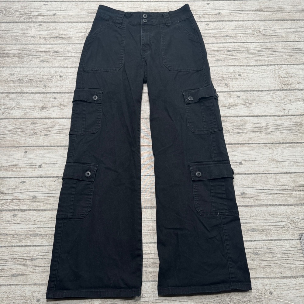 Hot Topic Cargo Pants Women's 7 Black Wide Leg Relaxed Fit Streetwear Utility